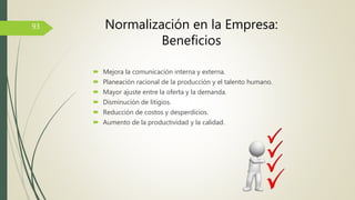  Mejora la comunicación interna y externa.
 Planeación racional de la producción y el talento humano.
 Mayor ajuste entre la oferta y la demanda.
 Disminución de litigios.
 Reducción de costos y desperdicios.
 Aumento de la productividad y la calidad.
93 Normalización en la Empresa:
Beneficios
 