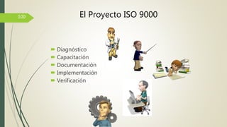  Diagnóstico
 Capacitación
 Documentación
 Implementación
 Verificación
100 El Proyecto ISO 9000
 