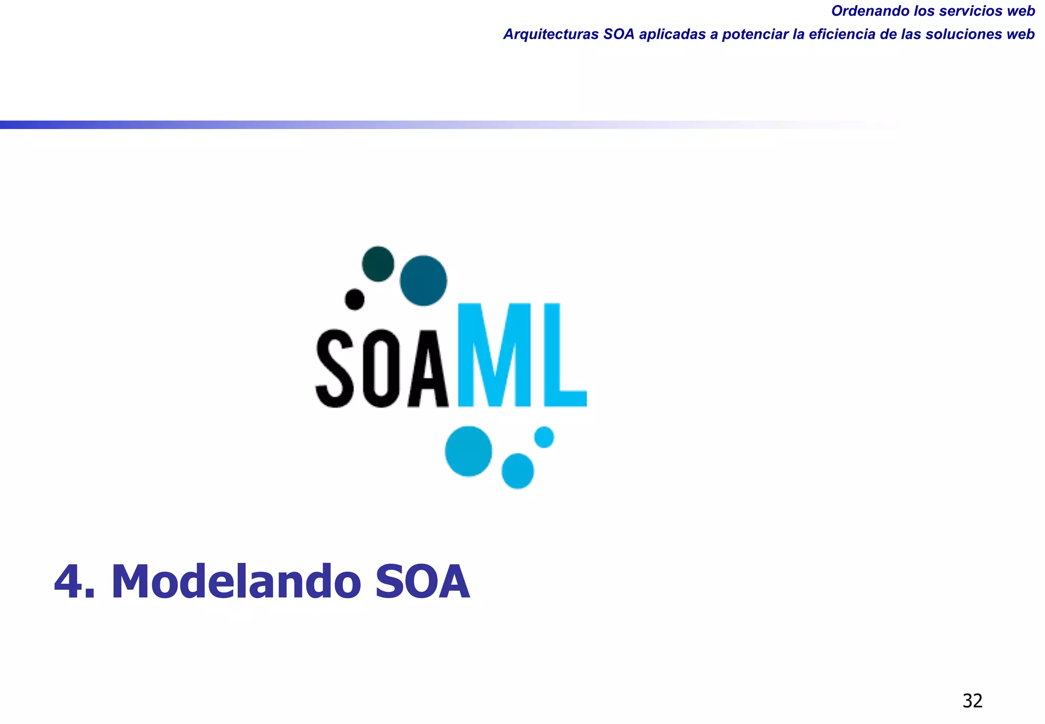 Ordenando los servicios web
Arquitecturas SOA aplicadas a potenciar la eficiencia de las soluciones web
32
4. Modelando SOA
 