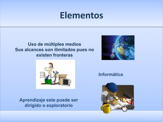 Elementos

      Uso de múltiples medios
Sus alcances son ilimitados pues no
         existen fronteras



                                      Informática




 Aprendizaje este puede ser
   dirigido o exploratorio
 