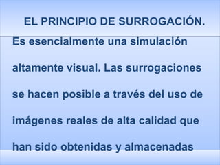 EL PRINCIPIO DE SURROGACIÓN.
Es esencialmente una simulación

altamente visual. Las surrogaciones

se hacen posible a través del uso de

imágenes reales de alta calidad que

han sido obtenidas y almacenadas
 