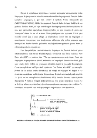 46


         Devido à semelhança conceitual, é comum considerar erroneamente certas
linguagens de programação visual como sendo também linguagens de fluxo de dados
(dataflow languages), o que nem sempre é verdade. Como introduzido em
(WHITING & PASCOE, 1994), linguagens de fluxo de dados derivam da idéia de um
grafo de fluxo de dados, ou seja, a modelagem de um programa como um conjunto de
nós, que representam operadores, interconectados por um conjunto de arcos que
“carregam” dados de um nó a outro. Neste paradigma cada operador é livre para
executar assim que o dado chega. A interpretação desse tipo de linguagem é
naturalmente concorrente, pois teoricamente diferentes nós podem executar suas
operações no mesmo instante que outros nós dependendo apenas de que os dados já
estejam disponíveis em cada um.
         Uma das principais características das linguagens de fluxo de dados é que o
estado interno de cada nó (ou de cada objeto) é invariável. Este não é o caso de Pure
Data, Max/MSP e a maioria das VPLs que apresentaremos neste texto. Estas são
linguagens de programação visual, porém não são linguagens de fluxo de dados, pois
seus objetos (nós) podem ter os estados alterados durante a execução do programa.
Como exemplificado na Figura 4-3, objetos do Pure Data e Max/MSP, por exemplo,
podem ter seu estado interno modificado em tempo de execução. Na Figura 4-3 o
objeto de operação de multiplicação de amplitude de sinal representado pelo símbolo
*~, pode ter seu multiplicador (inicialmente 0,05) alterado durante a execução do
fluxograma. A barra de rolagem pode ser movida pelo usuário através do mouse. Ao
se deslocar a barra, o objeto barra de rolagem envia uma mensagem para o objeto *~,
contendo o novo valor a ser multiplicado pela amplitude do sinal de entrada.




     Figura 4-3 Exemplo de variação do estado interno de um objeto em um fluxograma do Pd.
 