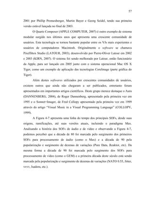 57


2001 por Phillip Promesberger, Martin Bayer e Georg Seidel, tendo sua primeira
versão estável lançada no final de 2003.
          O Quartz Composer (APPLE COMPUTER, 2007) é outro exemplo de sistema
modular surgido nos últimos anos que apresenta uma crescente comunidade de
usuários. Esta tecnologia se tornou bastante popular entre os VJs mais experientes e
usuários de computadores Macintosh. Originalmente o software se chamava
PixelShox Studio (LATOUR, 2003), desenvolvido por Pierre-Oliver Latour em 2002
e 2003 (KIRN, 2007). O sistema foi sendo melhorado por Latour, então funcionário
da Apple, para ser lançado em 2005 junto com o sistema operacional Mac OS X
Tiger, como um exemplo de aplicação das tecnologias CoreImage (parte gráfica do
Tiger).
          Além destes softwares utilizados por crescentes comunidades de usuários,
existem outros que ainda não chegaram a ser publicados, entretanto foram
apresentados em importantes artigos científicos. Deste grupo merece destaque o Aura
(DANNENBERG, 2004), de Roger Dannenberg, apresentado pela primeira vez em
1995 e o Sonnet+Imager, de Fred Collopy apresentado pela primeira vez em 1999
através do artigo “Visual Music in a Visual Programming Language” (COLLOPY,
1999).
          A Figura 4-7 apresenta uma linha do tempo dos principais SOFs, desde suas
origens, ramificações, até suas versões atuais, incluindo o paradigma Max.
Analisando a história dos SOFs de áudio e de vídeo e observando a Figura 4-7,
podemos perceber que a década de 80 foi marcada pelo surgimento dos primeiros
SOFs para processamento de áudio (como o Max) e a década de 90 pela
popularização e surgimento de dezenas de variações (Pure Data, Reaktor, etc). Da
mesma forma a década de 90 foi marcada pelo surgimento dos SOFs para
processamento de vídeo (como o GEM) e a primeira década deste século está sendo
marcada pela popularização e surgimento de dezenas de variações (NATO 0.55, Jitter,
vvvv, Isadora, etc.).
 