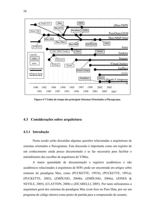 58


                    Oedit GUI          jMax                    DIPS
                                                                                                           jMax/DIPS
                                    Max/FTS
      Music 500                                          PureData     GEM
                                                                                                     PureData/GEM
                         Max (4X)                                                                    Max/MSP/Jitter
                                    Max (Mac)
                                                                          NATO 0.55             Jitter
                                                     Max/MSP
         RTSKED                                                                                                   Aura
                                 CMU MIDI Toolkit            Aura                     Isadora
     Legenda:
                                                                                                                Isadora
        vídeo
                                     Interactor
                                                                                                                Imager
        áudio
                                 Hookup            Sonnet
                                                                                                         Visual Jockey
     reimplementação
                                                              Sonnet+Imager
                                                                                                               GePhex
     influência direta                                                                                            vvvv
                                                                    PixelShox          Quartz
                                                                                                 Quartz Composer

         1980       1982        1986       1990      1995      1997        1999       2002        2005
                1981      1985      1987          1991      1996      1998      2001       2003          2007

           Figura 4-7 Linha do tempo dos principais Sistemas Orientados a Fluxograma.




4.3 Considerações sobre arquitetura


4.3.1 Introdução

         Nesta sessão serão discutidas algumas questões relacionadas a arquiteturas de
sistemas orientados a fluxogramas. Esta discussão é importante como um registro de
um conhecimento ainda pouco documentado e se faz necessária para facilitar o
entendimento das escolhas de arquitetura do ViMus.
         A maior quantidade de documentação e registros acadêmicos e não
acadêmicos relacionados à arquitetura de SOFs pode ser encontrada em artigos sobre
sistemas do paradigma Max, como (PUCKETTE, 1991b), (PUCKETTE, 1991a),
(PUCKETTE, 2002), (ZMÖLNIG, 2004b), (ZMÖLNIG, 2004a), (JONES &
NEVILE, 2005), (CLAYTON, 2004) e (ZICARELLI, 2005). Por tanto utilizaremos a
arquitetura geral dos sistemas do paradigma Max (com foco no Pure Data, por ser um
programa de código aberto) como ponto de partida para a compreensão do assunto.
 
