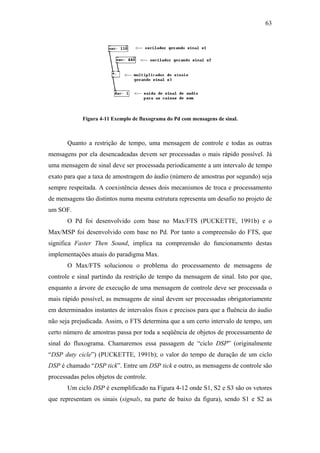 63




             Figura 4-11 Exemplo de fluxograma do Pd com mensagens de sinal.



       Quanto a restrição de tempo, uma mensagem de controle e todas as outras
mensagens por ela desencadeadas devem ser processadas o mais rápido possível. Já
uma mensagem de sinal deve ser processada periodicamente a um intervalo de tempo
exato para que a taxa de amostragem do áudio (número de amostras por segundo) seja
sempre respeitada. A coexistência desses dois mecanismos de troca e processamento
de mensagens tão distintos numa mesma estrutura representa um desafio no projeto de
um SOF.
       O Pd foi desenvolvido com base no Max/FTS (PUCKETTE, 1991b) e o
Max/MSP foi desenvolvido com base no Pd. Por tanto a compreensão do FTS, que
significa Faster Then Sound, implica na compreensão do funcionamento destas
implementações atuais do paradigma Max.
       O Max/FTS solucionou o problema do processamento de mensagens de
controle e sinal partindo da restrição de tempo da mensagem de sinal. Isto por que,
enquanto a árvore de execução de uma mensagem de controle deve ser processada o
mais rápido possível, as mensagens de sinal devem ser processadas obrigatoriamente
em determinados instantes de intervalos fixos e precisos para que a fluência do áudio
não seja prejudicada. Assim, o FTS determina que a um certo intervalo de tempo, um
certo número de amostras passa por toda a seqüência de objetos de processamento de
sinal do fluxograma. Chamaremos essa passagem de “ciclo DSP” (originalmente
“DSP duty cicle”) (PUCKETTE, 1991b); o valor do tempo de duração de um ciclo
DSP é chamado “DSP tick”. Entre um DSP tick e outro, as mensagens de controle são
processadas pelos objetos de controle.
       Um ciclo DSP é exemplificado na Figura 4-12 onde S1, S2 e S3 são os vetores
que representam os sinais (signals, na parte de baixo da figura), sendo S1 e S2 as
 