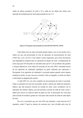 64


saídas de objetos geradores de sinal e S3 a saída de um objeto que efetua uma
operação de multiplicação de sinal (representado por um “x”).




            Figura 4-12 Esquema representando um ciclo DSP (PUCKETTE, 1991b)



       Cada objeto tem sua ação executada quando chega a sua vez de acordo com a
ordem em que está posicionada na lista de operações de processamento de sinal
(“DSP duty cycle call list”). Esta ordem é muito importante, pois existe obviamente
uma dependência temporal entre as operações de objetos de sinal: a multiplicação de
sinais (que gera S3) não pode ser calculada antes que S1 e S2 já tenham sido gerados
e estejam disponíveis. Essa ordem de execução de um ciclo DSP é calculada através
de um algoritmo de ordenação topológica do grafo ordenado que representa o
fluxograma. Esse algoritmo de ordenação é executado apenas quando ocorre alguma
mudança no grafo, ou seja, uma nova conexão é feita ou apagada, ou ainda um objeto
é adicionado ou apagado pelo usuário.
       A cada DSP tick, um ciclo completo de processamento de sinal é executado.
Todas as operações de sinal são executadas, desde o cálculo das saídas dos primeiros
objetos, que não possuem conexão de entrada de sinal, como osciladores; até as
operações dos últimos objetos, que não possuem conexão de saída de sinal, como o
objeto que escreve na saída de áudio da placa de som. É processado um vetor para
cada conexão de entrada e gerado um vetor para cada conexão de saída de cada objeto
de sinal.
       Por isso é necessário que um ciclo DSP seja chamado a cada intervalo de P
segundos, sendo P igual ao número de amostras por vetor dividido pela taxa de
 