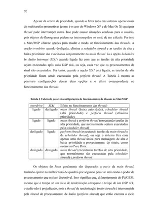70


       Apesar da ordem de prioridade, quando o Jitter roda em sistemas operacionais
de multitarefas preemptivas (como é o caso do Windows XP e do Mac Os X) qualquer
thread pode interromper outra. Isso pode causar situações confusas para o usuário,
pois objetos do fluxograma podem ser interrompidos no meio de um cálculo. Por isso
o Max/MSP oferece opções para mudar o modo de funcionamento das threads. A
opção overdrive quando desligada, elimina a scheduler thread e as tarefas de alta e
baixa prioridade são executadas conjuntamente na main thread. Já a opção Scheduler
In Audio Interrupt (SIAI) quando ligada faz com que as tarefas de alta prioridade
sejam executadas após cada DSP tick, ou seja, cada vez que os processamentos de
sinal são executados. Por tanto, quando a opção SIAI está ligada, as tarefas de alta
prioridade ficam sendo executadas pela perform thread. A Tabela 2 mostra as
possíveis configurações dessas duas opções e o efeito correspondente no
funcionamento das threads.


     Tabela 2 Tabela de possíveis configurações de funcionamento da threads no Max/MSP

     overdrive   SIAI    Efeito no funcionamento das threads
      ligado   desligado main thread (baixa prioridade), scheduler thread
                         (alta prioridade) e perform thread (altíssima
                         prioridade).
      ligado    ligado   main thread e perform thread (executando tarefas de
                         alta prioridade, que normalmente seriam executadas
                         pela scheduler thread)
     desligado  ligado   perform thread (executando tarefas da main thread e
                         da scheduler thread), ou seja o sistema fica com
                         apenas uma thread única para mensagens de alta e
                         baixa prioridade e processamento de sinais, como
                         ocorre no Pure Data.
     desligado desligado main thread (executando tarefas de alta prioridade,
                         que normalmente são executadas pela scheduler
                         thread) e perform thread

       Os objetos do Jitter geralmente são disparados a partir da main thread,
tentando operar na melhor taxa de quadros por segundo possível utilizando o poder de
processamento que estiver disponível. Isso significa que, diferentemente do Pd/GEM,
mesmo que o tempo de um ciclo de renderização ultrapasse o tempo de um DSP tick,
o áudio não é prejudicado, pois a thread de renderização (main thread) é interrompida
pela thread de processamento de áudio (perform thread) que então executa o ciclo
 