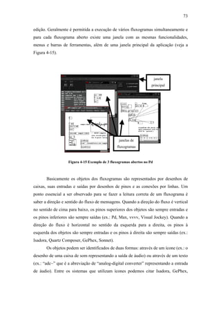 73


edição. Geralmente é permitida a execução de vários fluxogramas simultaneamente e
para cada fluxograma aberto existe uma janela com as mesmas funcionalidades,
menus e barras de ferramentas, além de uma janela principal da aplicação (veja a
Figura 4-15).




                                                                        janela
                                                                    principal




                                                janelas de
                                               fluxogramas



                   Figura 4-15 Exemplo de 3 fluxogramas abertos no Pd



       Basicamente os objetos dos fluxogramas são representados por desenhos de
caixas, suas entradas e saídas por desenhos de pinos e as conexões por linhas. Um
ponto essencial a ser observado para se fazer a leitura correta de um fluxograma é
saber a direção e sentido do fluxo de mensagens. Quando a direção do fluxo é vertical
no sentido de cima para baixo, os pinos superiores dos objetos são sempre entradas e
os pinos inferiores são sempre saídas (ex.: Pd, Max, vvvv, Visual Jockey). Quando a
direção do fluxo é horizontal no sentido da esquerda para a direita, os pinos à
esquerda dos objetos são sempre entradas e os pinos à direita são sempre saídas (ex.:
Isadora, Quartz Composer, GePhex, Sonnet).
       Os objetos podem ser identificados de duas formas: através de um ícone (ex.: o
desenho de uma caixa de som representando a saída de áudio) ou através de um texto
(ex.: “adc~” que é a abreviação de “analog-digital converter” representando a entrada
de áudio). Entre os sistemas que utilizam ícones podemos citar Isadora, GePhex,
 