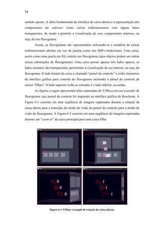 94


sentido oposto. A idéia fundamental da interface de caixa aberta é a representação dos
componentes do software como caixas tridimensionais com alguns lados
transparentes, de modo a permitir a visualização de seus componentes internos, ou
seja, de seu fluxograma.
       Assim, os fluxogramas são representados utilizando-se a metáfora de caixas
tridimensionais abertas em vez de janelas como nos SOFs tradicionais. Uma caixa,
assim como uma janela em Pd, contém um fluxograma cujos objetos podem ser outras
caixas (abstrações de fluxogramas). Uma caixa possui apenas três lados opacos, os
lados restantes são transparentes, permitindo a visualização de seu interior, ou seja, do
fluxograma. O lado frontal da caixa é chamado “painel de controle” e exibe elementos
de interface gráfica para controle do fluxograma incluindo o painel de controle de
caixas “filhas”. O lado superior exibe as entradas e o lado inferior, as saídas.
       As figuras a seguir apresentam telas capturadas do ViMus com um exemplo de
fluxograma cujo painel de controle foi inspirado na interface gráfica do Resolume. A
Figura 6-1 consiste em uma seqüência de imagens capturadas durante a rotação da
caixa aberta para a transição do modo de visão do painel de controle para o modo de
visão do fluxograma. A Figura 6-2 consiste em uma seqüência de imagens capturadas
durante um “zoom in” da caixa principal para uma caixa filha.




                   Figura 6-1 ViMus: exemplo de rotação da caixa aberta.
 