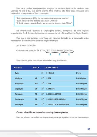 53
Para uma melhor compreensão, imagine os sistemas básicos de medidas que
usamos no dia-a-dia, tais como grama, litro, metros, etc. Para cada situação será
necessária uma grandeza. Veja o exemplo:
“Patrícia comprou 100g de presunto para fazer um lanche”.
“Sueli trouxe 1 litro de leite para fazer um bolo”.
“A distância da casa de Paulo até a casa de Marcos é de 300m”.
Na informática, usamos a Linguagem Binária, composta de dois dígitos
importantes: 0 e 1. A estes dígitos damos o nome de bit – Binary Digit ou Dígito Binário.
Para que o computador reconheça um caracter digitado ou armazenado serão
necessários 8 combinações binárias: Veja o exemplo:
A = 8 bits = 0100 0001
O nome ANA possui = 24 BITS = 0100 00010100 11100100 0001
Desta forma, para simplificar, foi criada a seguinte tabela:
Como identificar tamanho de arquivos e pastas
Para visualizar o tamanho dos arquivos ou pasta, você poderá observar diretamente
A B A
 