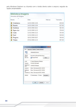 54
pelo Windows Explorer ou clicando com o botão direito sobre o arquivo, seguido da
opção ‘propriedades’.
 