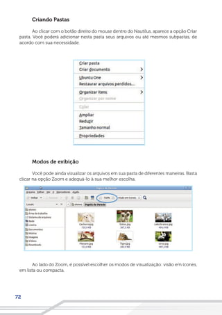 72
Criando Pastas
Ao clicar com o botão direito do mouse dentro do Nautilus, aparece a opção Criar
pasta. Você poderá adicionar nesta pasta seus arquivos ou até mesmos subpastas, de
acordo com sua necessidade.
Modos de exibição
Você pode ainda visualizar os arquivos em sua pasta de diferentes maneiras. Basta
clicar na opção Zoom e adequá-lo à sua melhor escolha.
Ao lado do Zoom, é possível escolher os modos de visualização: visão em ícones,
em lista ou compacta.
 