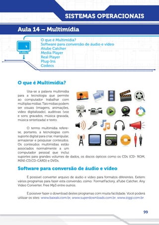 SISTEMAS OPERACIONAIS
99
O que é Multimídia?
Usa-se a palavra multimídia
para a tecnologia que permite
ao computador trabalhar com
múltiplasmídias.Taismídiaspodem
ser visuais (imagens, animações,
vídeo digitalizado), auditivas (voz
e sons gravados, música gravada,
música sintetizada) e texto.
O termo multimídia refere-
se, portanto, a tecnologias com
suporte digital para criar, manipular,
armazenar e pesquisar conteúdos.
Os conteúdos multimídias estão
associados normalmente a um
computador pessoal que inclui
suportes para grandes volumes de dados, os discos ópticos como os CDs (CD- ROM,
MINI-CD,CD-CARD) e DVDs.
Software para conversão de áudio e vídeo
É possível converter arquivo de áudio e vídeo para formatos diferentes. Exitem
vários programas para fazer esta conversão, como: FormatFactory, aTube Catcher, Any
Video Converter, Free Mp3 entre outros.
É possíver fazer o download destes programas com muita facilidade. Você poderá
utilizar os sites: www.baixaki.com.br, www.superdownloads.com.br, www.ziggi.com.br.
O que é Multimídia?
Software para conversão de áudio e vídeo
Atube Catcher
Media Player
Real Player
Plug-Ins
Codecs
Aula 14 – Multimídia
 