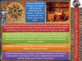 Dentro de las teorías
                           basadas en la razón
                               está la idea del
                              sofista helenista
                           Caricles: “Predomina
                             el poder del más
                            fuerte sobre el más
                                    débil”

Según la justicia del Derecho Natural, el pez grande se come al chico, porque
 la naturaleza dotó a unos de más fuerza que a otros para que el más fuerte
    prevaleciera; por lo que el fundamento del Derecho radica en el poder

 Los romanos hablan de un Jus Gentium, Derecho de Gentes y de un Jus
   Naturae, Derecho Natural, fundado en los principios universales de la
  razón. La esclavitud es Jus Gentium, Derecho de Gentes, contranatura,
                            contra la naturaleza

  Aristóteles, estoicos, Gayo, Ulpiano y los protestantes fundamentan al
                         Derecho Natural en la razón

  Si bien es cierto que es un Derecho inmutable también es cierto que la
    razón puede ser dictada por Dios, pero independientemente de ello
                  existiría, puesto que la razón lo descubriría
 