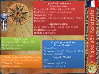 Emperador de los franceses
                                              Primer Mandato:
                              18 de mayo de 1804 – 3 de abril de 1814
                              Predecesor: Él mismo siendo Cónsul
                              Sucesor: Luís XVIII
                              Coronación: 2 de diciembre de 1804 en Notre
                              Dame, París
                                             Segundo Mandato:
                              20 de marzo de 1815 – 22 de junio de 1815
                              Predecesor: Luís XVIII
                              Sucesor: Napoleón II

            Rey de Italia
18 marzo de 1805 – 11 abril 1814               Copríncipe de Andorra
Predecesor: Ninguno                                Primer Mandato:
Sucesor: Ninguno                        1806 - 1814
                                        Predecesor: Luís XVI – Ejecutado 1793
                                        Sucesor: Luís XVIII
Protector de la Confederación del Rin             Segundo Mandato:
12 junio de 1806 – 4 noviembre 1813     1815
Predecesor: Ninguno                     Predecesor: Luís XVIII
Sucesor: Ninguno                        Sucesor: Napoleón II
 