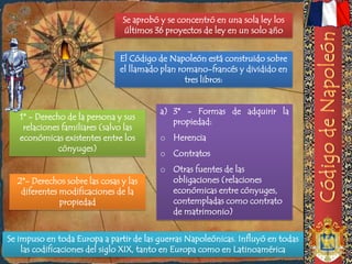 Se aprobó y se concentró en una sola ley los
                                últimos 36 proyectos de ley en un solo año


                               El Código de Napoleón está construido sobre
                               el llamado plan romano-francés y dividido en
                                                 tres libros:


                                          a) 3° - Formas de adquirir la
   1° - Derecho de la persona y sus
                                             propiedad:
    relaciones familiares (salvo las
   económicas existentes entre los        o Herencia
              cónyuges)
                                          o Contratos
                                          o Otras fuentes de las
  2°- Derechos sobre las cosas y las        obligaciones (relaciones
   diferentes modificaciones de la          económicas entre cónyuges,
              propiedad                     contempladas como contrato
                                            de matrimonio)


Se impuso en toda Europa a partir de las guerras Napoleónicas. Influyó en todas
    las codificaciones del siglo XIX, tanto en Europa como en Latinoamérica
 