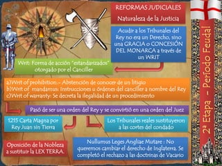 REFORMAS JUDICIALES
                                               Naturaleza de la Justicia
                                                Acudir a los Tribunales del
                                              Rey no era un Derecho, sino
                                              una GRACIA o CONCESIÓN
                                               DEL MONARCA a través de
                                                        un WRIT
     Writ: Forma de acción “estandarizados”
            otorgado por el Canciller

a)Writ of prohibition.- Abstención de conocer de un litigio
b)Writ of mandamus: Instrucciones u órdenes del canciller a nombre del Rey
c)Writ of warranty: Se decreta la ilegalidad de un procedimiento

          Pasó de ser una orden del Rey y se convirtió en una orden del Juez
1215 Carta Magna por                       Los Tribunales reales sustituyeron
 Rey Juan sin Tierra                            a las cortes del condado

                                 Nullumus Leges Angliae Mutare : No
Oposición de la Nobleza
                              queremos cambiar el derecho de Inglaterra. Se
a sustituir la LEX TERRA.
                              completó el rechazo a las doctrinas de Vacario
 