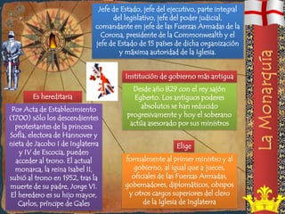 Jefe de Estado, jefe del ejecutivo, parte integral
                                   del legislativo, jefe del poder judicial,
                             comandante en jefe de las Fuerzas Armadas de la
                               Corona, presidente de la Commonwealth y el
                             jefe de Estado de 15 países de dicha organización
                                     y máxima autoridad de la Iglesia.


                                       Institución de gobierno más antigua
                                          Desde año 829 con el rey sajón
        Es hereditaria                    Egberto. Los antiguos poderes
 Por Acta de Establecimiento                 absolutos se han reducido
(1700) sólo los descendientes           progresivamente y hoy el soberano
  protestantes de la princesa            actúa asesorado por sus ministros
Sofía, electora de Hannover y
nieta de Jacobo I de Inglaterra                          Elige
   y IV de Escocia, pueden
  acceder al trono. El actual          formalmente al primer ministro y al
  monarca, la reina Isabel II,            gobierno, al igual que a jueces,
subió al trono en 1952, tras la          oficiales de las Fuerzas Armadas,
muerte de su padre, Jorge VI.          gobernadores, diplomáticos, obispos
El heredero es su hijo mayor,           y otros cargos superiores del clero
   Carlos, príncipe de Gales                 de la Iglesia de Inglaterra
 