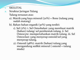 1. SKELETAL
a. Struktur Jaringan Tulang
Tulang tersusun atas:
a). Matrik yang kaya mineral (70%) = Bone (tulang yang
sudah matang)
b). Bahan-bahan organik (30%) yang terdiri:
1). Sel (2%): i. Sel Osteobalast: yang membuat matrik
(bahan) tulang/ sel pembentuk tulang. ii. Sel
Osteocyte: mempertahankan matrik tulang. iii. Sel
Osteoclast: yang menyerap osteoid/sel yang
menyerap tulang.
2). Osteoid (98%): matrik (bahan) tulang yang
mengandung sedikit mineral ( osteoid = tulang
muda)
 