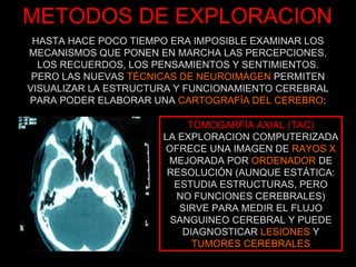 METODOS DE EXPLORACION TOMOGARFÍA AXIAL (TAC) LA EXPLORACION COMPUTERIZADA OFRECE UNA IMAGEN DE  RAYOS X MEJORADA POR  ORDENADOR  DE RESOLUCIÓN (AUNQUE ESTÁTICA: ESTUDIA ESTRUCTURAS, PERO NO FUNCIONES CEREBRALES) SIRVE PARA MEDIR EL FLUJO SANGUINEO CEREBRAL Y PUEDE DIAGNOSTICAR  LESIONES  Y TUMORES CEREBRALES HASTA HACE POCO TIEMPO ERA IMPOSIBLE EXAMINAR LOS MECANISMOS QUE PONEN EN MARCHA LAS PERCEPCIONES, LOS RECUERDOS, LOS PENSAMIENTOS Y SENTIMIENTOS. PERO LAS NUEVAS  TÉCNICAS DE NEUROIMAGEN  PERMITEN VISUALIZAR LA ESTRUCTURA Y FUNCIONAMIENTO CEREBRAL PARA PODER ELABORAR UNA  CARTOGRAFÍA DEL CEREBRO : 