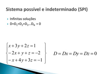  Infinitas soluções
 D=D1=D2=D3...DN = 0
0 DzDyDxD













134
22
123
zyx
zyx
zyx
 