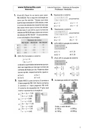 www.tioheraclito.com   Lista de Exercícios – Sistemas de Equações
      Matemática                Professor: Heráclito




                                                                    1
 