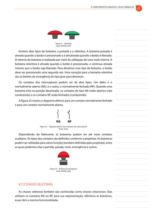 6 Componentes Básicos e seus Símbolos 41 
Figura 21 - Botoeiras 
Fonte: EATON, 2007 
Existem dois tipos de botoeira, a pulsada e a retentiva. A botoeira pulsada é 
ativada quando o botão é pressionado e é desativada quando o botão é liberado. 
O retorno da botoeira é realizado por meio da utilização de uma mola interna. A 
botoeira retentiva é ativada quando o botão é pressionado, e continua ativada 
mesmo que o botão seja liberado. Para desativar esse tipo de botoeira, o botão 
deve ser pressionado uma segunda vez. Uma variação para a botoeira retentiva 
são os botões de emergência do tipo girar para destravar. 
Os contatos dos interruptores podem ser de dois tipos. Um deles é o 
normalmente aberto (NA), e o outro, o normalmente fechado (NF). Quando uma 
botoeira está na posição desativada, os contatos do tipo NA estão abertos (não 
conduzindo) e os contatos NF estão fechados (conduzindo). 
A figura 22 mostra o diagrama elétrico para um contato normalmente fechado 
e para um contato normalmente aberto. 
NA NF 
Figura 22 - Diagrama elétrico dos contratos dos interruptores 
Fonte: Autor 
Dependendo do fabricante, as botoeiras podem ter até nove contatos 
auxiliares. Os tipos dos contatos são definidos conforme o projetista. As botoeiras 
podem ser utilizadas para várias funções (também definidas pelo projetista), entre 
as quais podemos citar a partida, parada, reset, emergência e outras. 
Figura 23 - Botoeira de emergência 
Fonte: EATON, 2007 
6.2.2 Chaves seletoras 
As chaves seletoras também são conhecidas como chaves rotacionais. Elas 
utilizam os contatos NA ou NF para sua representação, idênticos às botoeiras, 
essas têm a mesma funcionalidade. 
 