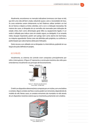 6 Componentes Básicos e seus Símbolos 43 
Atualmente, encontramos no mercado indicadores luminosos com base no led, 
que têm uma vida útil bem ampla, reduzindo quase a zero a necessidade de troca. 
As cores existentes variam diretamente no led. Podemos utilizar também um led 
da cor branca e depois as lentes coloridas, com a cor e a indicação necessárias. Na 
maioria dos casos, as lâmpadas de cor vermelha são reservadas para indicações de 
estado crítico, bem como alimentação geral, falha ou equipamento ligado. A cor 
verde é utilizada para indicar cores em estado seguro, ou desligado. A cor amarela 
indica situação importante, porém sem perigo, bem como alarme de nível baixo, 
ou máquina aguardando. Outras cores são definidas pelo projetista, ou conforme a 
padronização que cada empresa adota para indicações. 
Outro recurso a ser utilizado com as lâmpadas é a intermitência, podendo ter sua 
largura de pulso definida em projeto. 
6.2.5 Relés 
Inicialmente, os sistemas de controle eram compostos principalmente por 
relés e interruptores. A figura 27 representa a construção mecânica dos relés para 
entendermos inicialmente seu princípio de funcionamento. 
A B 
Contactos 
Eléctricos 
Núcleo Induzido 
Bobina 
Contactos 
Bobina 
Figura 27 - Elementos do relé/contactor 
Fonte: SENAI - CETEMP, 2005 
O relé é um dispositivo eletromecânico composto por um núcleo, com uma bobina 
e contatos. Alguns contatos são fixos e outros podem ser removíveis, dependendo do 
modelo do relé. Nestes casos, os contatos removíveis são montados no relé através 
de um dispositivo mecânico externo que se movimenta, juntamente com a bobina. 
Figura 28 - Relé eletromecânico 
Fonte: OMRON, 2017a 
 