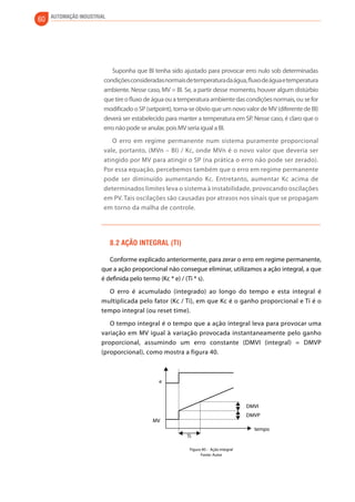 60 AUTOMAÇÃO INDUSTRIAL 
Suponha que BI tenha sido ajustado para provocar erro nulo sob determinadas 
condições consideradas normais de temperatura da água, fluxo de água e temperatura 
ambiente. Nesse caso, MV = BI. Se, a partir desse momento, houver algum distúrbio 
que tire o fluxo de água ou a temperatura ambiente das condições normais, ou se for 
modificado o SP (setpoint), torna-se óbvio que um novo valor de MV (diferente de BI) 
deverá ser estabelecido para manter a temperatura em SP. Nesse caso, é claro que o 
erro não pode se anular, pois MV seria igual a BI. 
O erro em regime permanente num sistema puramente proporcional 
vale, portanto, (MVn – BI) / Kc, onde MVn é o novo valor que deveria ser 
atingido por MV para atingir o SP (na prática o erro não pode ser zerado). 
Por essa equação, percebemos também que o erro em regime permanente 
pode ser diminuído aumentando Kc. Entretanto, aumentar Kc acima de 
determinados limites leva o sistema à instabilidade, provocando oscilações 
em PV. Tais oscilações são causadas por atrasos nos sinais que se propagam 
em torno da malha de controle. 
8.2 Ação integral (ti) 
Conforme explicado anteriormente, para zerar o erro em regime permanente, 
que a ação proporcional não consegue eliminar, utilizamos a ação integral, a que 
é definida pelo termo (Kc * e) / (Ti * s). 
O erro é acumulado (integrado) ao longo do tempo e esta integral é 
multiplicada pelo fator (Kc / Ti), em que Kc é o ganho proporcional e Ti é o 
tempo integral (ou reset time). 
O tempo integral é o tempo que a ação integral leva para provocar uma 
variação em MV igual à variação provocada instantaneamente pelo ganho 
proporcional, assumindo um erro constante (DMVI (integral) = DMVP 
(proporcional), como mostra a figura 40. 
e 
MV 
DMVI 
DMVP 
tempo 
Ti 
Figura 40 - Ação integral 
Fonte: Autor 
 