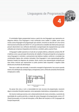 Linguagens de Programação 
4 
O controlador lógico programável nasceu a partir de uma linguagem que representa um 
diagrama elétrico. Essa linguagem é mais conhecida como Ladder. A Ladder, assim como 
muitas outras linguagem de programação que existem, encontra-se descrito em uma norma 
internacional conhecida como IEC61131, em que direciona o trabalho dos fabricantes para que 
possam desenvolver seus softwares destinados à programação dos equipamentos que serão 
utilizados por empresas integradoras de sistemas e, também, pelos usuários finais. 
A linguagem Ladder aproxima-se muito de um projeto elétrico, utilizando contatos NA, NF 
e bobinas como suas principais ferramentas de trabalho. A função principal de um programa 
nessa linguagem é controlar o acionamento das bobinas (saídas), conforme o resultado das 
combinações lógicas dos contatos (entradas). Esta linguagem é uma representação gráfica 
bastante simples do diagrama de contatos. Assim, temos uma representação composta por 
duas linhas verticais que representam os polos positivo (lado esquerdo) e negativo (lado 
direito) de uma fonte de alimentação. 
Para que a saída seja acionada, é necessário energizá-la logicamente. Isso ocorre quando 
existir uma satisfação da condição lógica, energizando, assim, a linha de comando e fornecendo 
energia para a saída. 
START EmStop Motor 
Button 
N 
S 
Figura 9 - Exemplo de programa em Ladder 
Fonte: Autor 
Ao passar dos anos, e com a necessidade de mais recursos de programação, nasceram 
alguns comandos (funções) especiais, como operações matemáticas, comparadores e outros. 
Do mesmo modo que ocorreu com o desenvolvimento de novos comandos, o aumento da 
quantidade de usuários permitiu a criação de outras linguagens de programação, como a ST 
(Texto Estruturado), a IL (Lista de Instruções), a FBL (Bloco de Funções) e a SFC (Linguagem de 
Função Sequencial). 
 