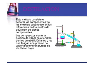 DESTILACIÓN
Este método consiste en
separar los componentes de
las mezclas basándose en las
diferencias en los puntos de
ebullición de dichos
componentes.
Los compuestos con una
presión de vapor baja tendrán
puntos de ebullición altos y los
que tengan una presión de
vapor alta tendrán puntos de
ebullición bajos.
 
