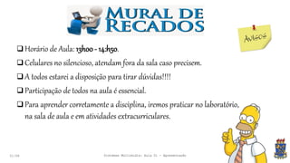 Avisos
21:58
 Horário de Aula: 13h00 - 14:h50.
 Celulares no silencioso, atendam fora da sala caso precisem.
 A todos estarei a disposição para tirar dúvidas!!!!
 Participação de todos na aula é essencial.
 Para aprender corretamente a disciplina, iremos praticar no laboratório,
na sala de aula e em atividades extracurriculares.
Sistemas Multimídia: Aula 01 - Apresentação
 