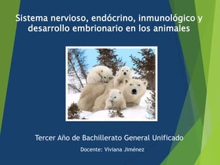 Sistema nervioso, endócrino, inmunológico y
desarrollo embrionario en los animales
Docente: Viviana Jiménez
Tercer Año de Bachillerato General Unificado
 