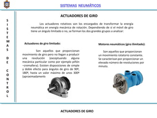 ACTUADORES DE GIRO
ACTUADORES DE GIRO
Los actuadores rotativos son los encargados de transformar la energía
neumática en energía mecánica de rotación. Dependiendo de si el móvil de giro
tiene un ángulo limitado o no, se forman los dos grandes grupos a analizar:
Actuadores de giro limitado:
Son aquellos que proporcionan
movimiento de giro pero no llegan a producir
una revolución (exceptuando alguna
mecánica particular como por ejemplo piñón
–cremallera). Existen disposiciones de simple
y doble efecto para ángulos de giro de 90º,
180º, hasta un valor máximo de unos 300º
(aproximadamente).
Motores neumáticos (giro ilimitado):
Son aquellos que proporcionan
un movimiento rotatorio constante.
Se caracterizan por proporcionar un
elevado número de revoluciones por
minuto.
S
I
S
T
E
M
A
S
D
E
C
O
N
T
R
O
L
 