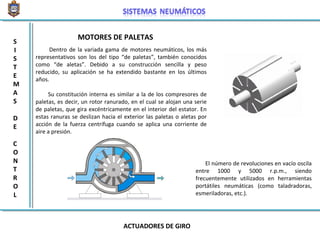 MOTORES DE PALETAS
Dentro de la variada gama de motores neumáticos, los más
representativos son los del tipo “de paletas”, también conocidos
como “de aletas”. Debido a su construcción sencilla y peso
reducido, su aplicación se ha extendido bastante en los últimos
años.
Su constitución interna es similar a la de los compresores de
paletas, es decir, un rotor ranurado, en el cual se alojan una serie
de paletas, que gira excéntricamente en el interior del estator. En
estas ranuras se deslizan hacia el exterior las paletas o aletas por
acción de la fuerza centrífuga cuando se aplica una corriente de
aire a presión.
El número de revoluciones en vacío oscila
entre 1000 y 5000 r.p.m., siendo
frecuentemente utilizados en herramientas
portátiles neumáticas (como taladradoras,
esmeriladoras, etc.).
ACTUADORES DE GIRO
S
I
S
T
E
M
A
S
D
E
C
O
N
T
R
O
L
 