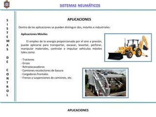 APLICACIONES
S
I
S
T
E
M
A
S
D
E
C
O
N
T
R
O
L
Dentro de las aplicaciones se pueden distinguir dos, móviles e industriales:
Aplicaciones Móviles
El empleo de la energía proporcionada por el aire a presión,
puede aplicarse para transportar, excavar, levantar, perforar,
manipular materiales, controlar e impulsar vehículos móviles
tales como:
· Tractores
· Grúas
· Retroexcavadoras
· Camiones recolectores de basura
· Cargadores frontales
· Frenos y suspensiones de camiones, etc.
APLICACIONES
 