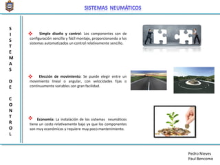 Simple diseño y control: Los componentes son de
configuración sencilla y fácil montaje, proporcionando a los
sistemas automatizados un control relativamente sencillo.
Elección de movimiento: Se puede elegir entre un
movimiento lineal o angular, con velocidades fijas o
continuamente variables con gran facilidad.
Economía: La instalación de los sistemas neumáticos
tiene un costo relativamente bajo ya que los componentes
son muy económicos y requiere muy poco mantenimiento.
S
I
S
T
E
M
A
S
D
E
C
O
N
T
R
O
L



Pedro Nieves
Paul Bencomo
 