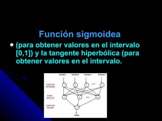 Función sigmoidea  (para obtener valores en el intervalo [0,1]) y la tangente hiperbólica (para obtener valores en el intervalo. 