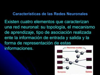 Características de las Redes Neuronales Existen cuatro elementos que caracterizan una red neuronal: su topología, el mecanismo de aprendizaje, tipo de asociación realizada ente la información de entrada y salida y la forma de representación de estas informaciones. 