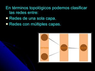 En términos topológicos podemos clasificar las redes entre:  Redes de una sola capa . Redes con múltiples capas. 