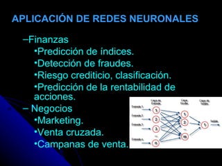 APLICACIÓN DE REDES NEURONALE S Finanzas Predicción de índices. Detección de fraudes. Riesgo crediticio, clasificación. Predicción de la rentabilidad de acciones. Negocios Marketing. Venta cruzada. Campanas de venta. 
