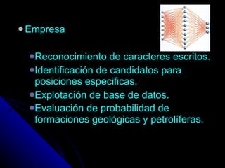 Empresa Reconocimiento de caracteres escritos. Identificación de candidatos para posiciones especificas. Explotación de base de datos. Evaluación de probabilidad de formaciones geológicas y petrolíferas.   