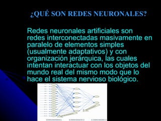 ¿QUÉ SON REDES NEURONALES? Redes neuronales artificiales son redes interconectadas masivamente en paralelo de elementos simples (usualmente adaptativos) y con organización jerárquica, las cuales intentan interactuar con los objetos del mundo real del mismo modo que lo hace el sistema nervioso biológico. 