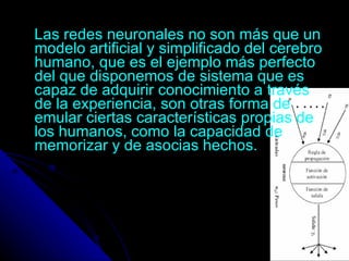 L as redes neuronales no son más que un modelo artificial y simplificado del cerebro humano, que es el ejemplo más perfecto del que disponemos de sistema que es capaz de adquirir conocimiento a través de la experiencia , son otras forma de emular ciertas características propias de los humanos, como la capacidad de memorizar y de asocias hechos. 
