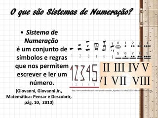 O que são Sistemas de Numeração?
• Sistema de
Numeração
é um conjunto de
símbolos e regras
que nos permitem
escrever e ler um
número.
(Giovanni, Giovanni Jr.,
Matemática: Pensar e Descobrir,
pág. 10, 2010)
http://www.mundoeducacao.com/upload/conteudo_legenda/e31c1d6ed71f2a73f0fccfb50b51ce73.jpg
 