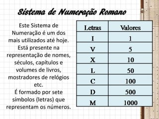 Sistema de Numeração Romano
Este Sistema de
Numeração é um dos
mais utilizados até hoje.
Está presente na
representação de nomes,
séculos, capítulos e
volumes de livros,
mostradores de relógios
etc.
É formado por sete
símbolos (letras) que
representam os números.
 