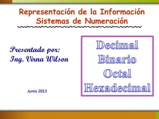 Representación de la Información
Sistemas de Numeración
Presentado por:
Ing. Virna Wilson
Junio 2013
 