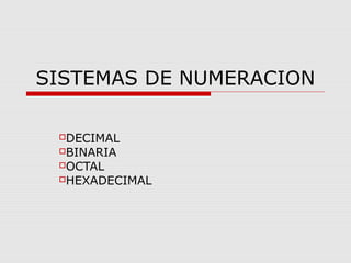 SISTEMAS DE NUMERACION
DECIMAL
BINARIA
OCTAL

HEXADECIMAL

 