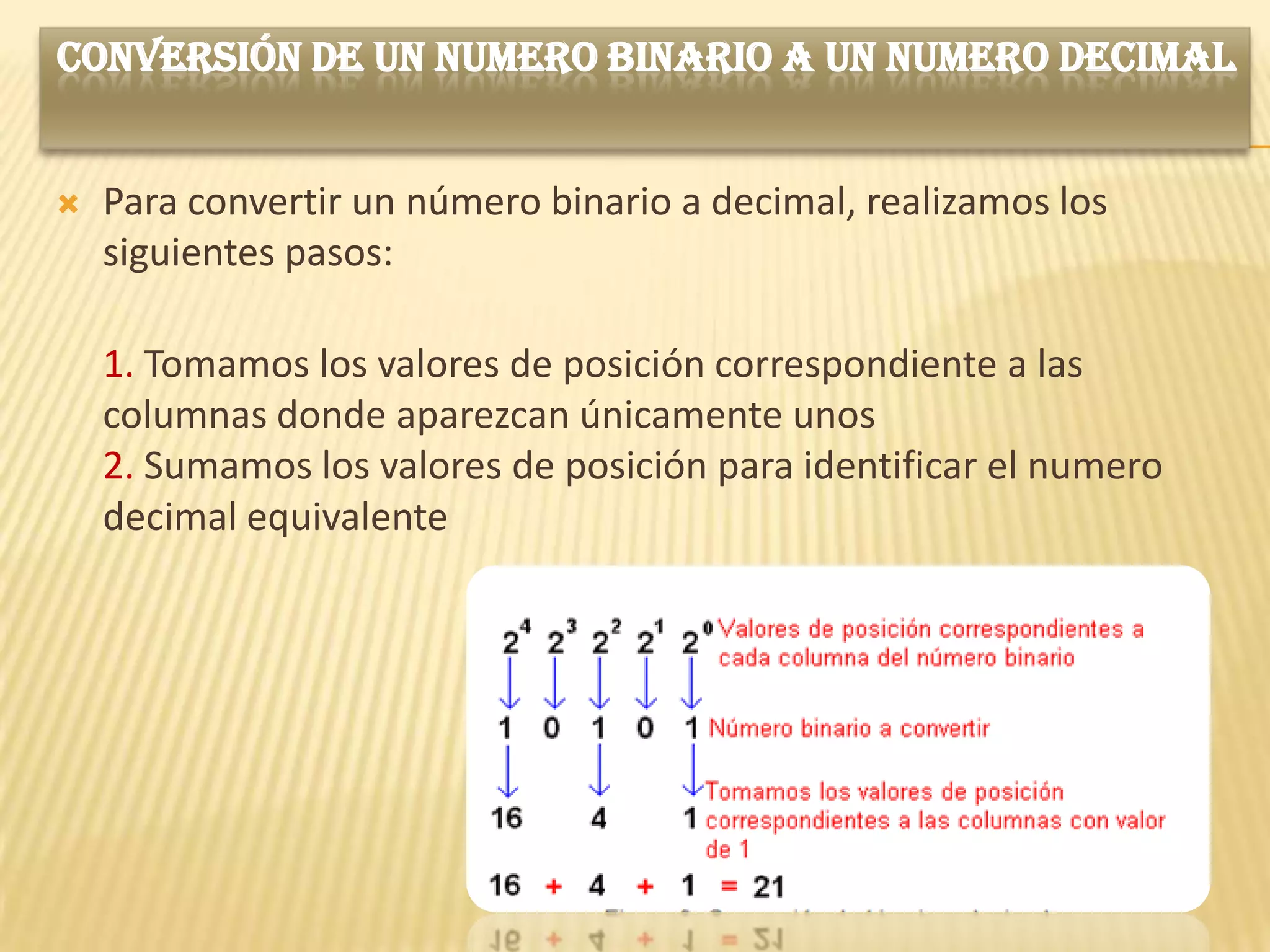 CONVERSIÓN DE UN NUMERO BINARIO A UN NUMERO DECIMAL


   Para convertir un número binario a decimal, realizamos los
    siguientes pasos:

    1. Tomamos los valores de posición correspondiente a las
    columnas donde aparezcan únicamente unos
    2. Sumamos los valores de posición para identificar el numero
    decimal equivalente
 