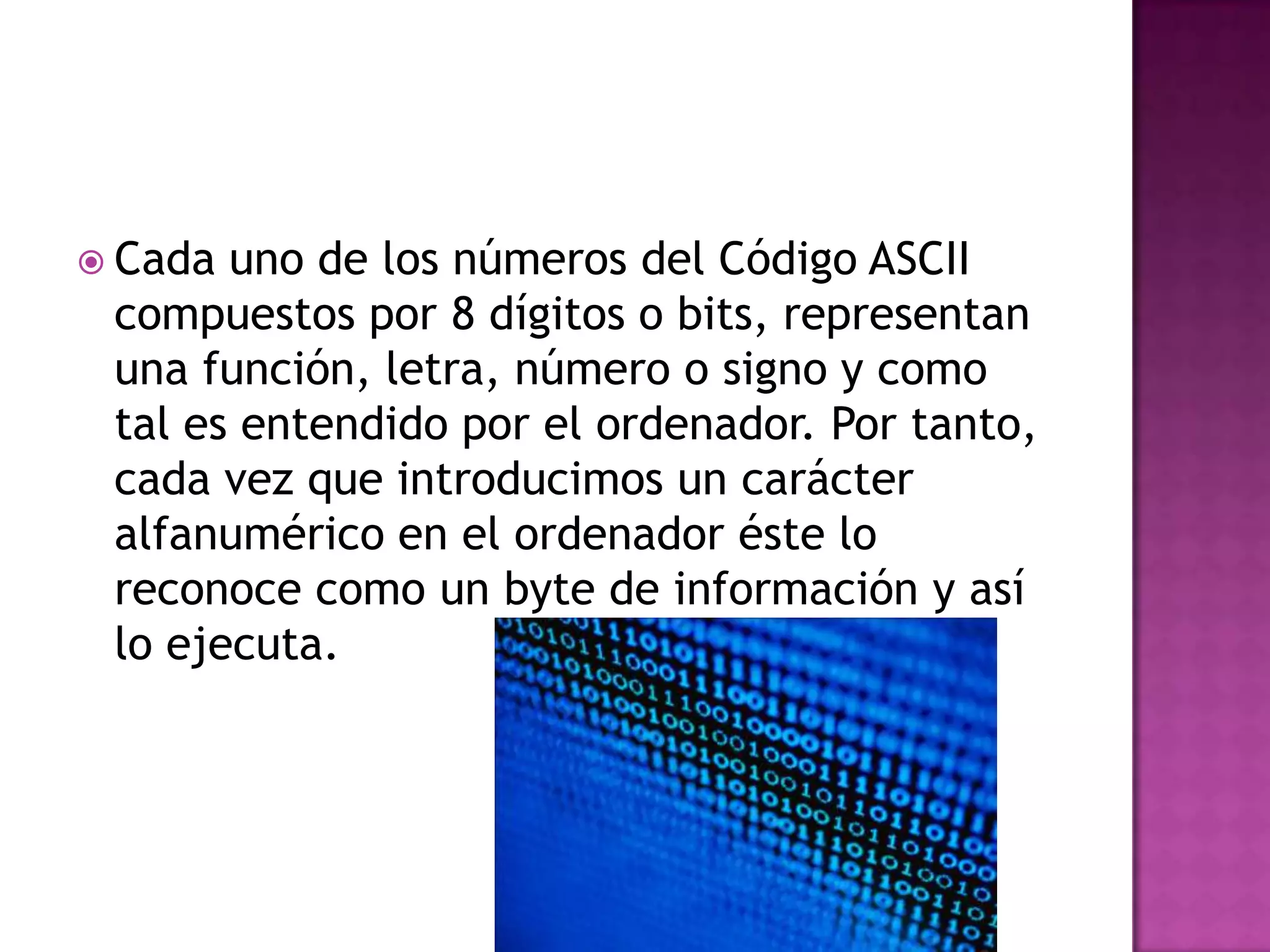 Cada uno de los números del Código ASCII compuestos por 8 dígitos o bits, representan una función, letra, número o signo y como tal es entendido por el ordenador. Por tanto, cada vez que introducimos un carácter alfanumérico en el ordenador éste lo reconoce como un byte de información y así lo ejecuta.